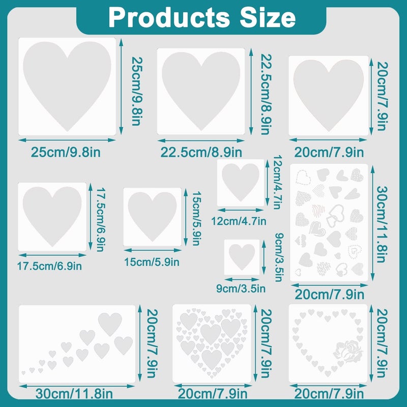 Doflyok 11 Pieces Heart Stencil  Reusable Heart Stencil Template Plastic Stencils for Painting on Wood Wall Home Decor DIY Crafts - Image 2